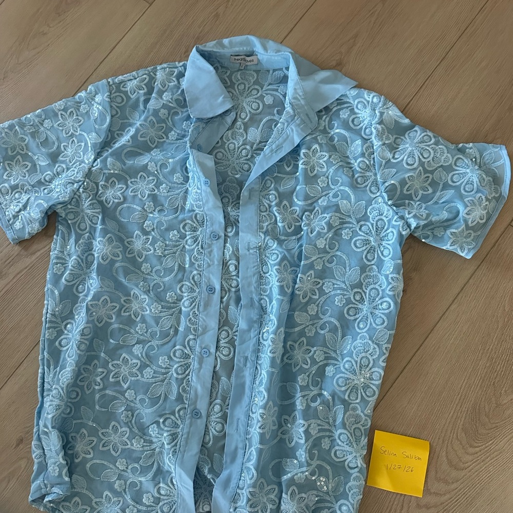iHeartRaves Light Blue Floral Lace Shirt